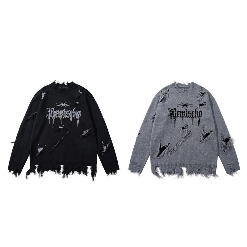 Unisex Oversized Knit Sweater With Distressed Hole Detail Crew Neck Long Sleeve Streetwear Pullover
