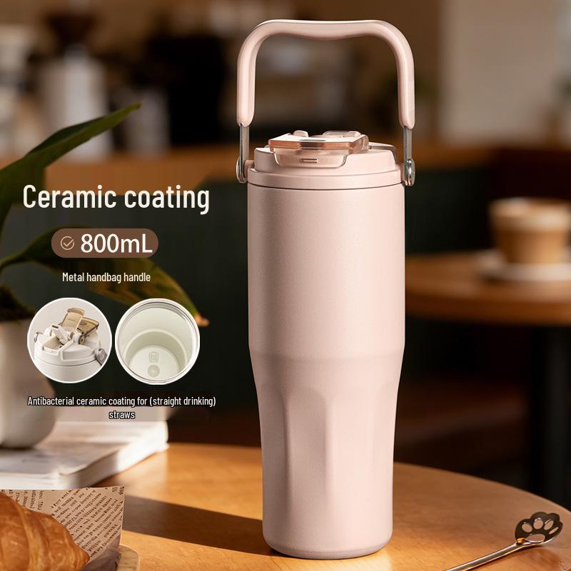 Ceramic Liner Large Capacity Travel Thermos Cup with Straw