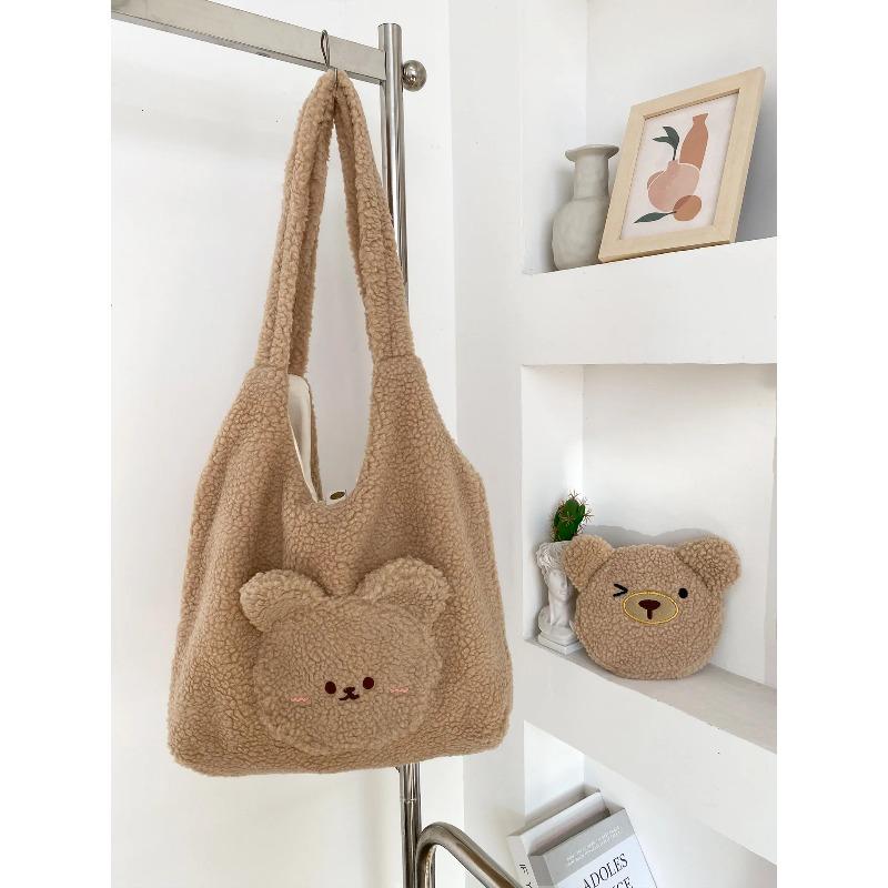 Cute Bear Faux Lamb Wool Women's Shoulder Bag Fall Winter Large Capacity Female Tote Bag Carto Embroidery Ladies Messenger Bag