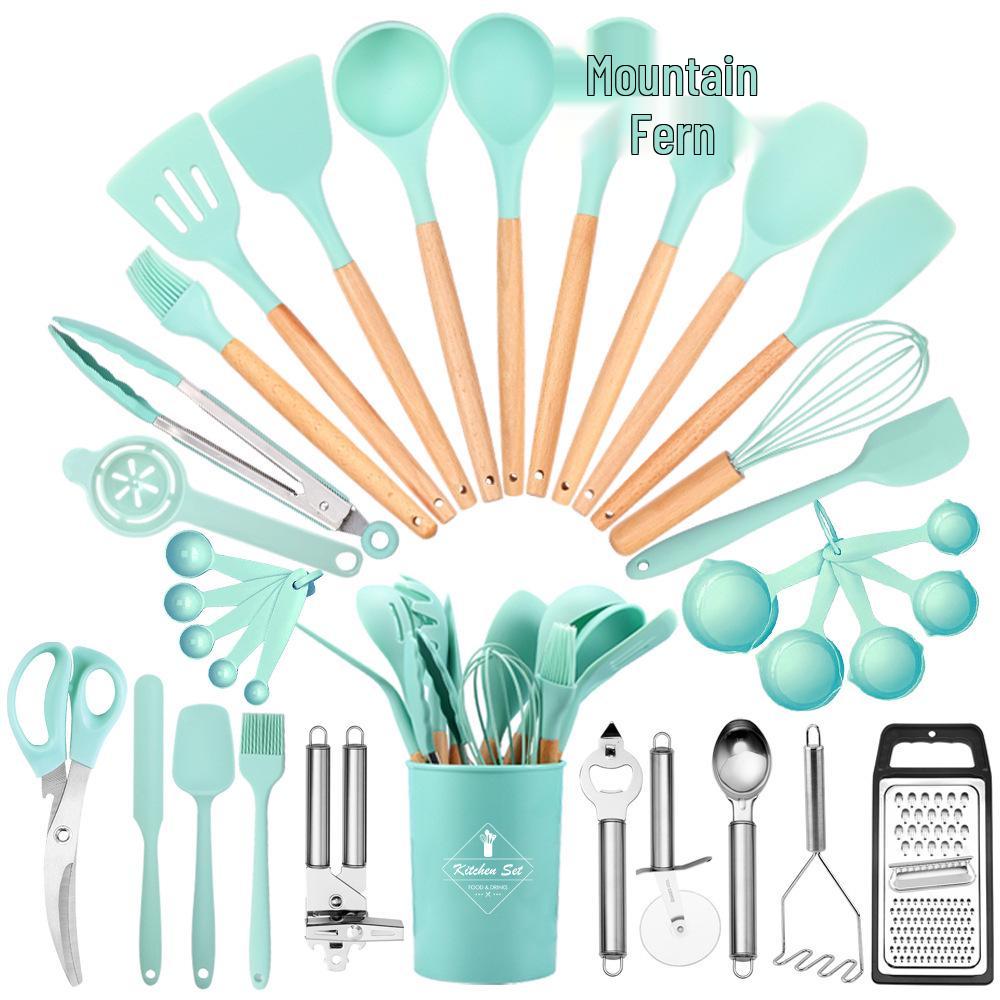 44-Piece Silicone & Wood Handle Kitchenware Set - Non-stick Cooking Spatula, Soup Ladle, and Tableware Tools