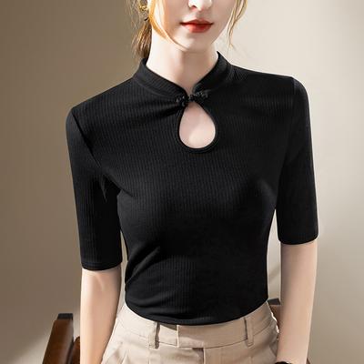 Medium-sleeved T-shirt Women's New Women's Clothing Stand-up Collar Buckle Solid Color Half-sleeved T-shirt Retro New Chinese Waist Top