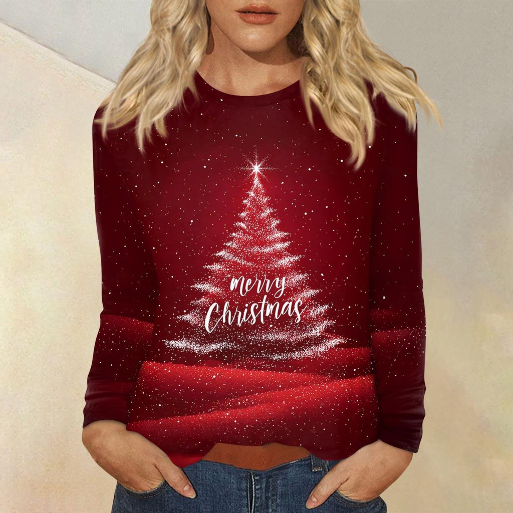 Women's Fashion Casual Christmas Printed Round Neck Long Sleeve Pullover Top