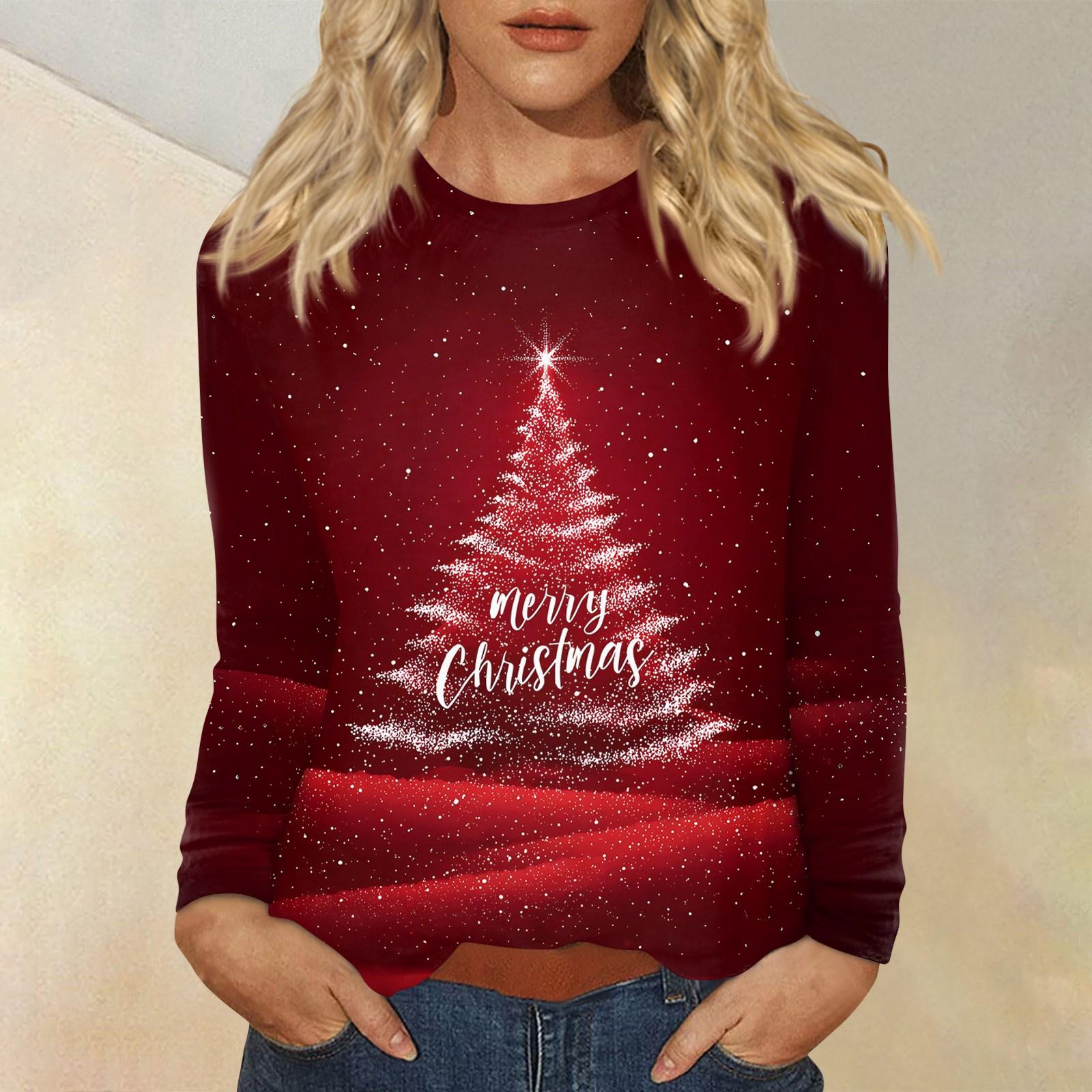 

Женская мода повседневный рождественский принт круглый вырез длинный рукав пуловер топ L винный