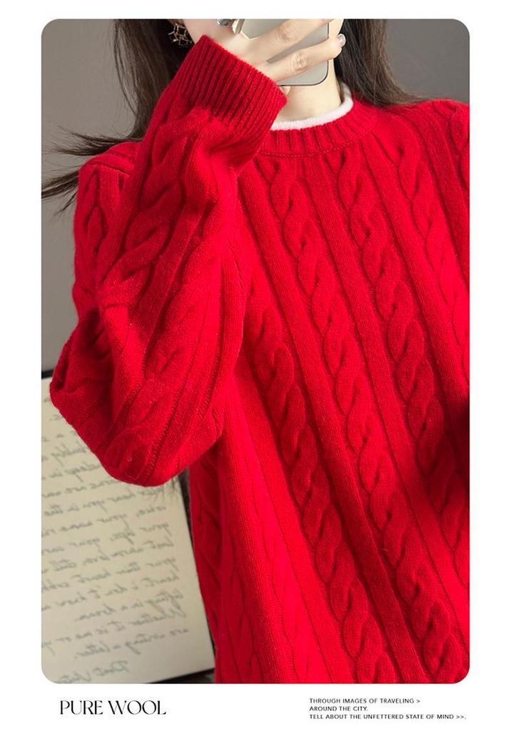 Women's Color-Block Pure Wool Sweater, Cable Knit, Thickened, Loose Fit, Slimming Pullover