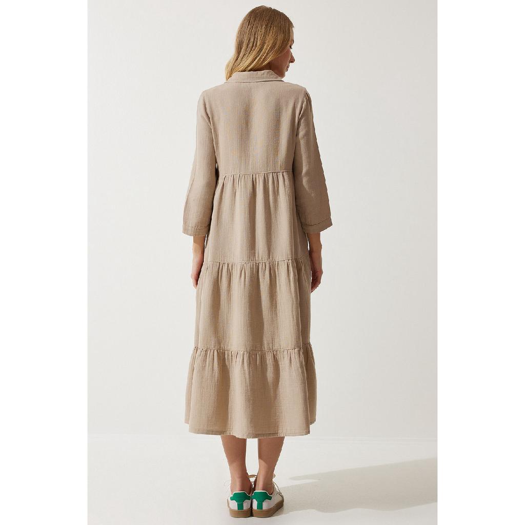 Women's Beige Muslin Flared Shirt Dress Sa00024