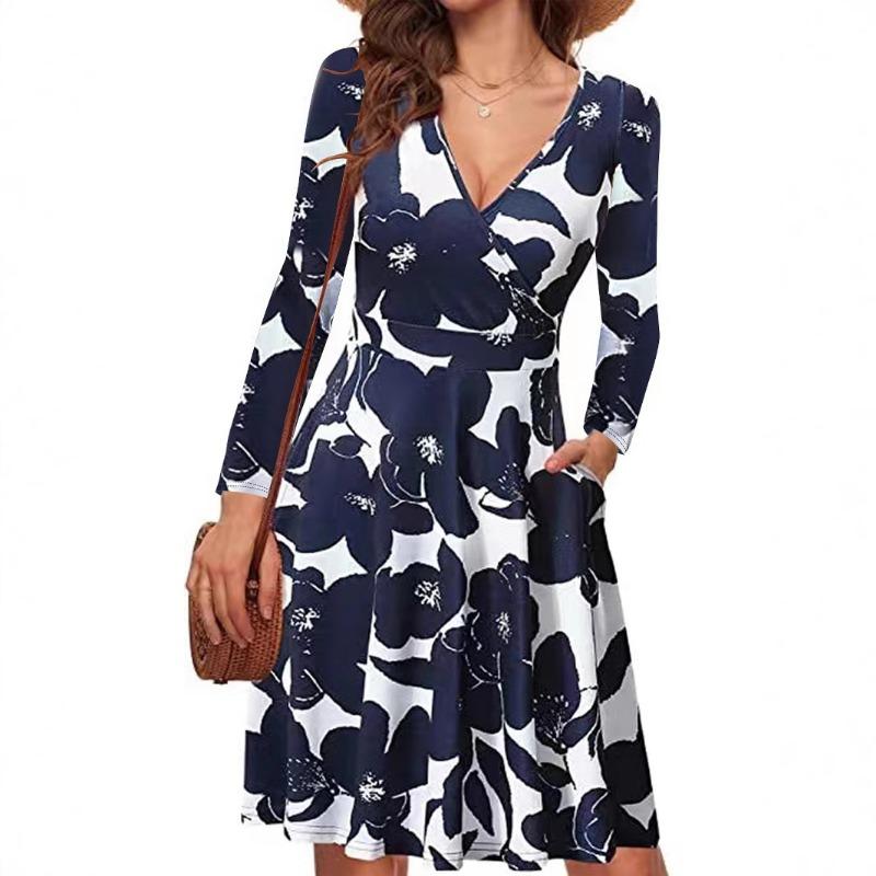 Women Elegant V Neck Floral Print Pocket Loose Long Dress
