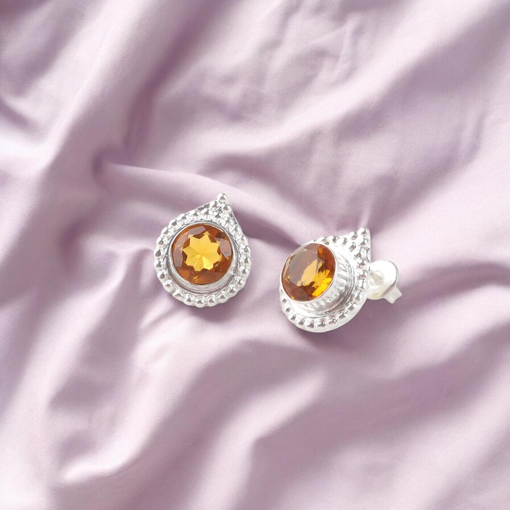 Natural Citrine Gemstone 925 Sterling Silver Jewelry Handmade Stud Earrings0.62" EE-125-6