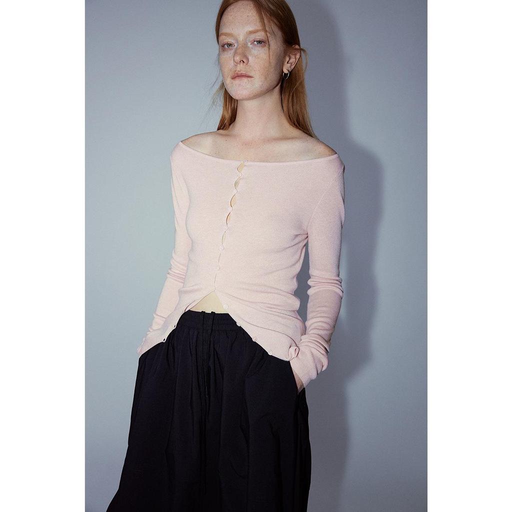 [Shi Shi] Women's Slim Fit Wool Cardigan - Boat Neck, Single-Breasted, Long Sleeve, Slightly Elastic, V8141