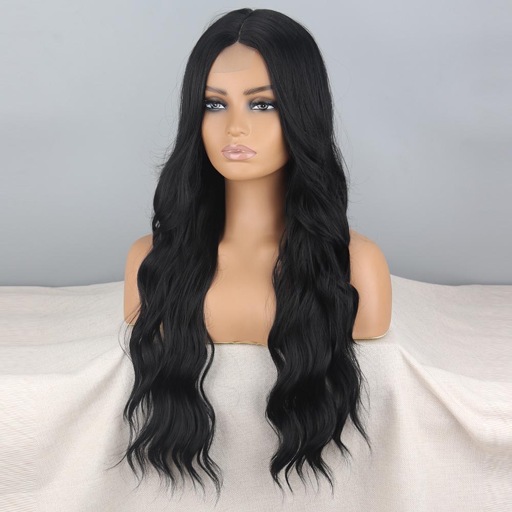 LISI HAIR Women Long Wavy Natural Black Lace Front Wig Without Bangs Synthetic Fiber Water Wave Daily Wear Cosplay Wig