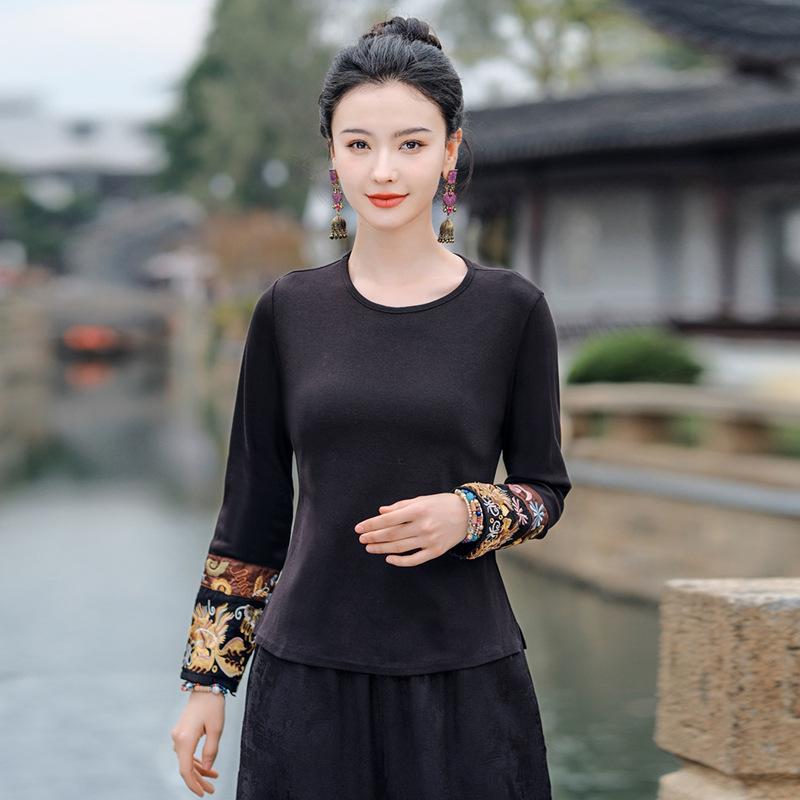 

Весенне-осенняя этническая женская ретро хлопковая футболка с длинным рукавом и кружевом 4XL чёрный