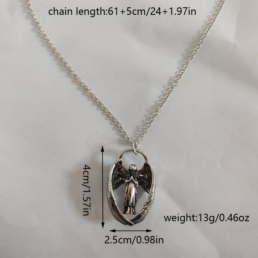 Angel Wing Prayer Oval Pendant Necklace Roman and Greek Statues for Women Fashionable Guardian Angel Charm Silver-Tone Chain Jewelry Accessory