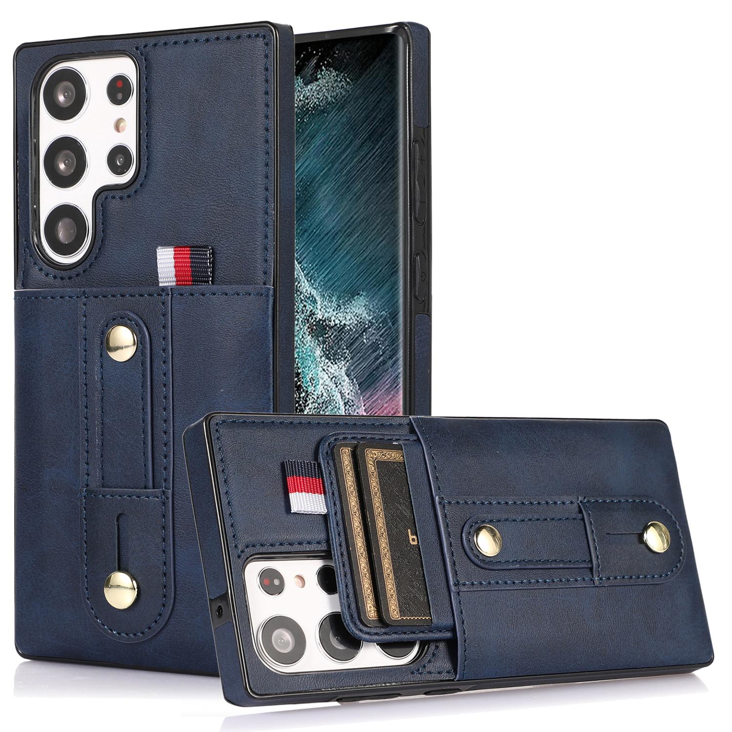 

For Samsung Galaxy S22 Ultra 5G Kickstand Card Holder Case PU Leather Coated TPU Anti-drop Retro Phone Cover Blue