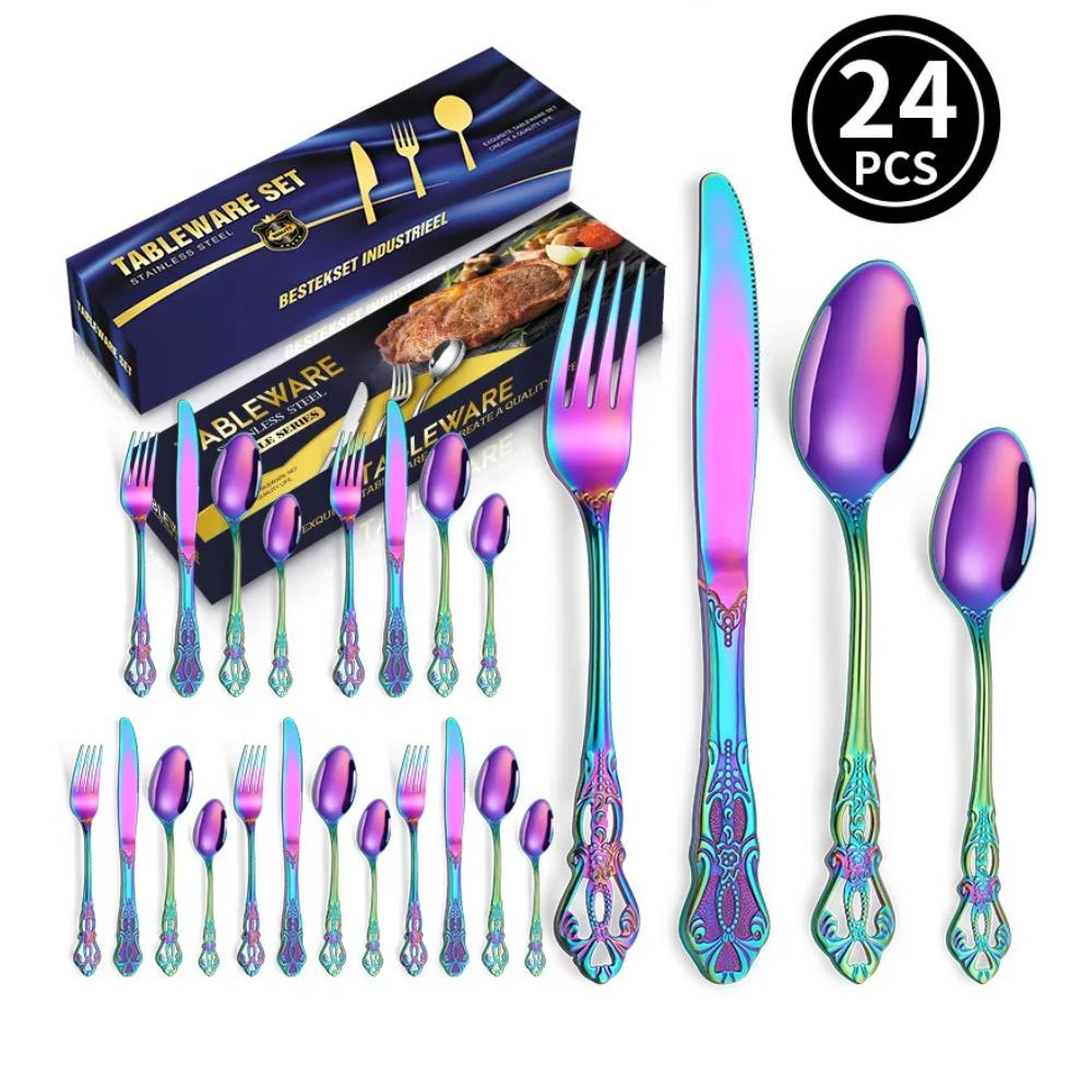 24pcs KuBac Luxury Golden Stainless Steel Steak Knife Fork Set Gold Cutlery Set With Luxury Wood Gift Box 16Pcs Drop Shipping