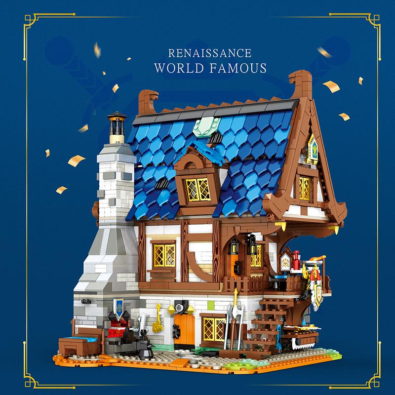 2366PCS Medieval Blacksmith Shop Building Blocks European City Street View Store MOC Building Model Bricks Toys Gifts For Kids