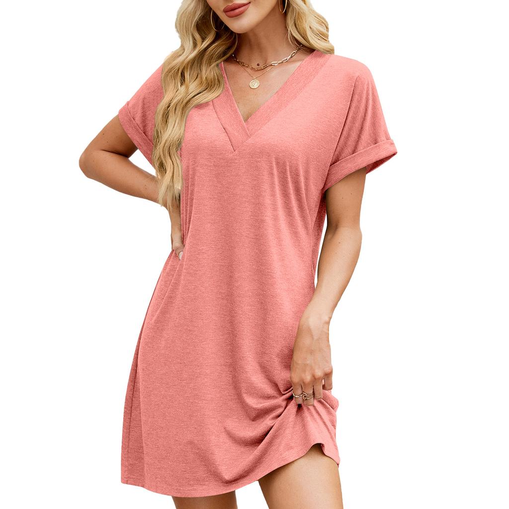 Women's V Neck Short Sleeve Mini Dress Loose Fit Relaxed Waist Casual Solid Color Knit Spring Summer Daily Wear T Shirt Dress