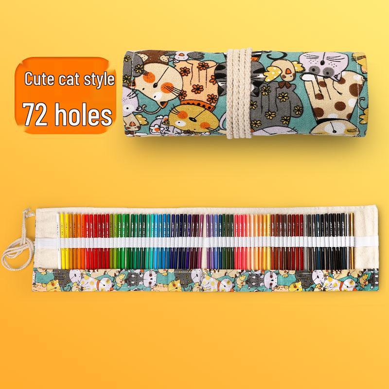 Large Capacity Canvas Roll-Up Pencil Case - 48 Holes for Colored & Sketch Pencils, Cute Design for Women & Students