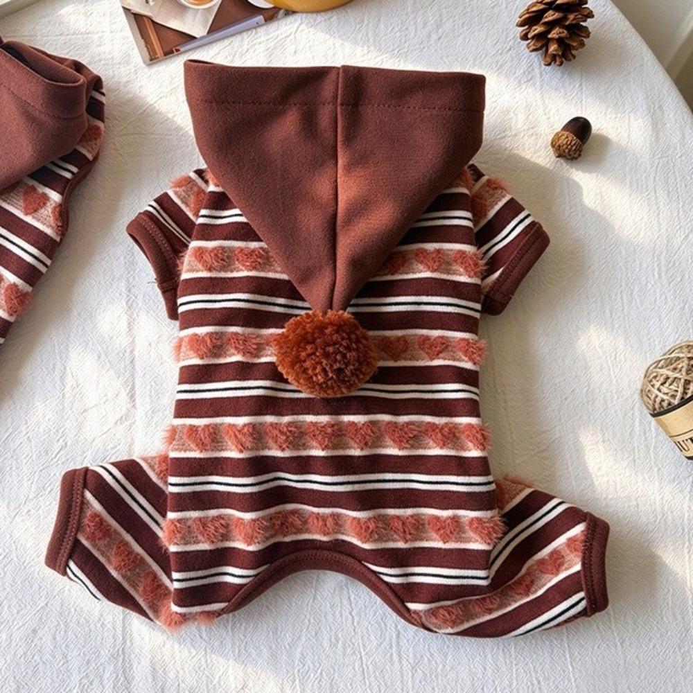 Warm Dog Four-Legs Clothes Heart Pattern Pet Jumpsuit Striped Dog Hoodie Outdoor Activity
