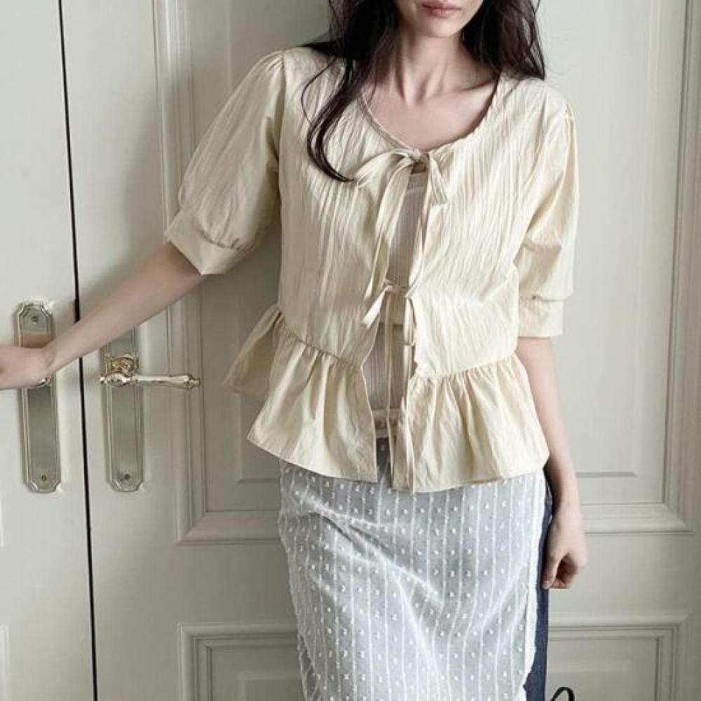 New Arrivals Open Run Ballet Core Ribbon Blouse Round Neck Front Slit Frill Can