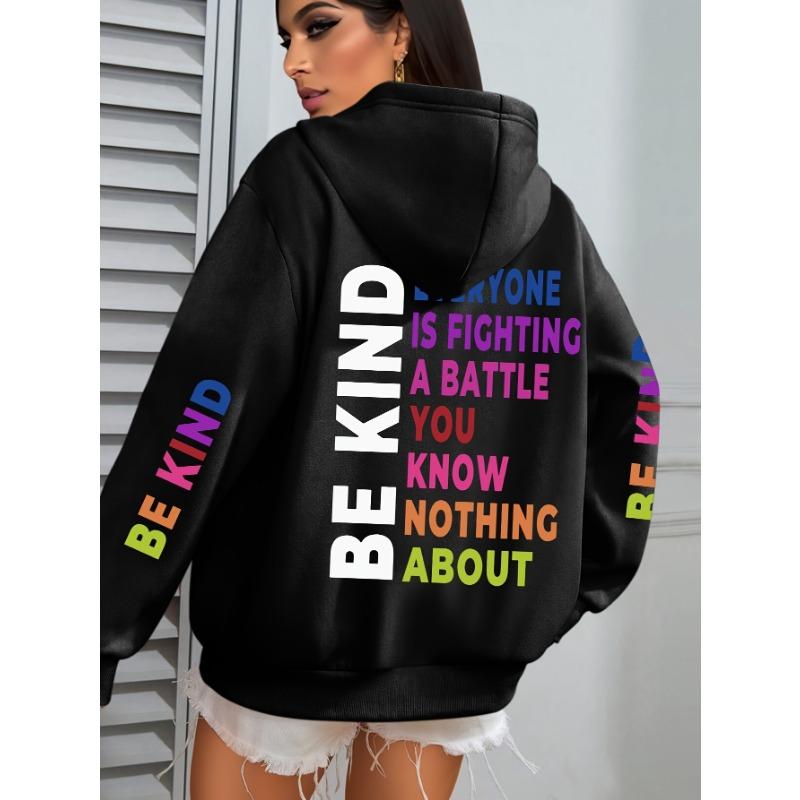 Be Kind Print Hoodie, Casual Long Sleeve with Pocket Hooded Sweatshirt for Winter And Fall, Designed for Women, Women'S Clothing
