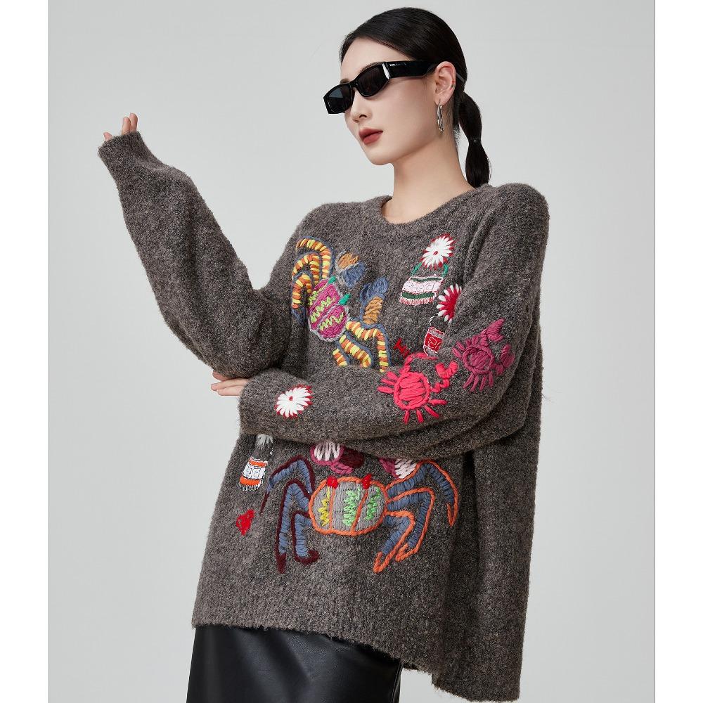Dimanaf 2025 Women Autumn Embroidery Sweater Design Basic New Fashion Tops Tees Casual Loose Tees