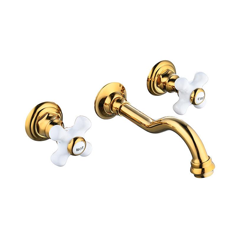 Classical Basin Faucets Gold Bathroom Sink Faucets Hot Cold Wall Mounted Ceramic Handle Mixer Water Tap Top High Quality