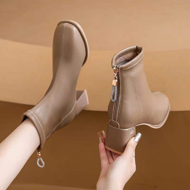 French soft leather short boots ankle boots 2025 new autumn and winter thick heel Martin boots square head velvet short tube thin boots women