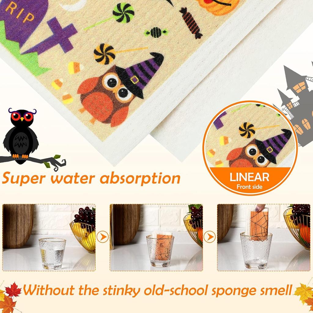 Honeydak 6 Pcs Halloween Swedish Dish Towels Ghost Pumpkin Swedish Kitchen Dishcloths Washable Reble Halloween Dish Cloths Witch Absorbent Fast