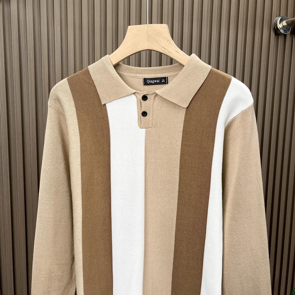 Men's Stylish Color Block Knit Polo Shirt - Hong Kong Style, Casual Autumn/Winter Wear