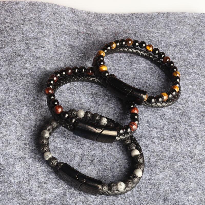 Natural Stone Beaded Bracelets for Men Classic Leather Woven Stone Beaded Mens Bracelet Fashion Casual Sports Jewelry Gift