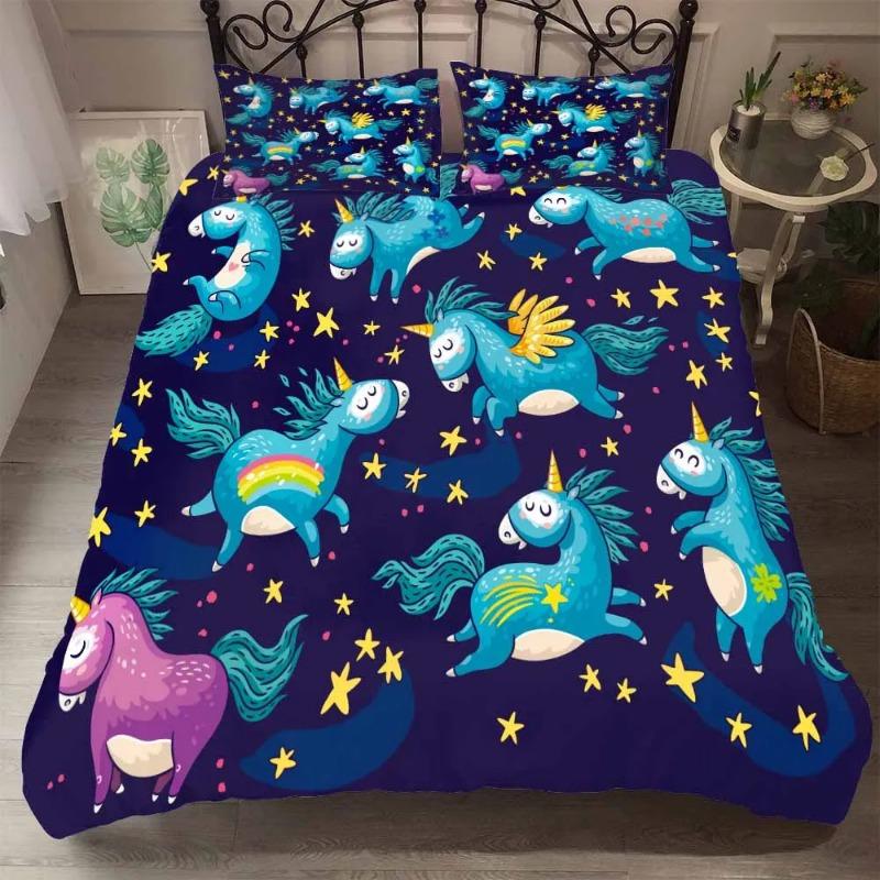 Microfiber Fabric Bedclothes Kids Beds Cartoon Rainbow Unicorn Bedding Set Home Bed Set Cute Unicorn Duvet Cover With Pillowcase