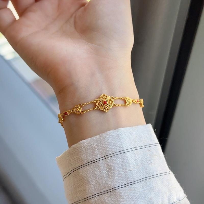 Classic hollow out palace style flower bracelets for women inlay south red round beads chain bangles Hanfu qipao