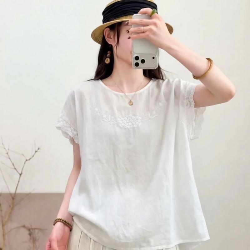 Women s Solid Beige Linen Blend Floral Embroidered Lace Trim Short Sleeve Blouse M