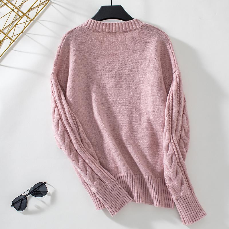 Autumn Winter Vintage Loose Long Sleeve Top Solid Color Pullover Knitwear V-Neck Sweater