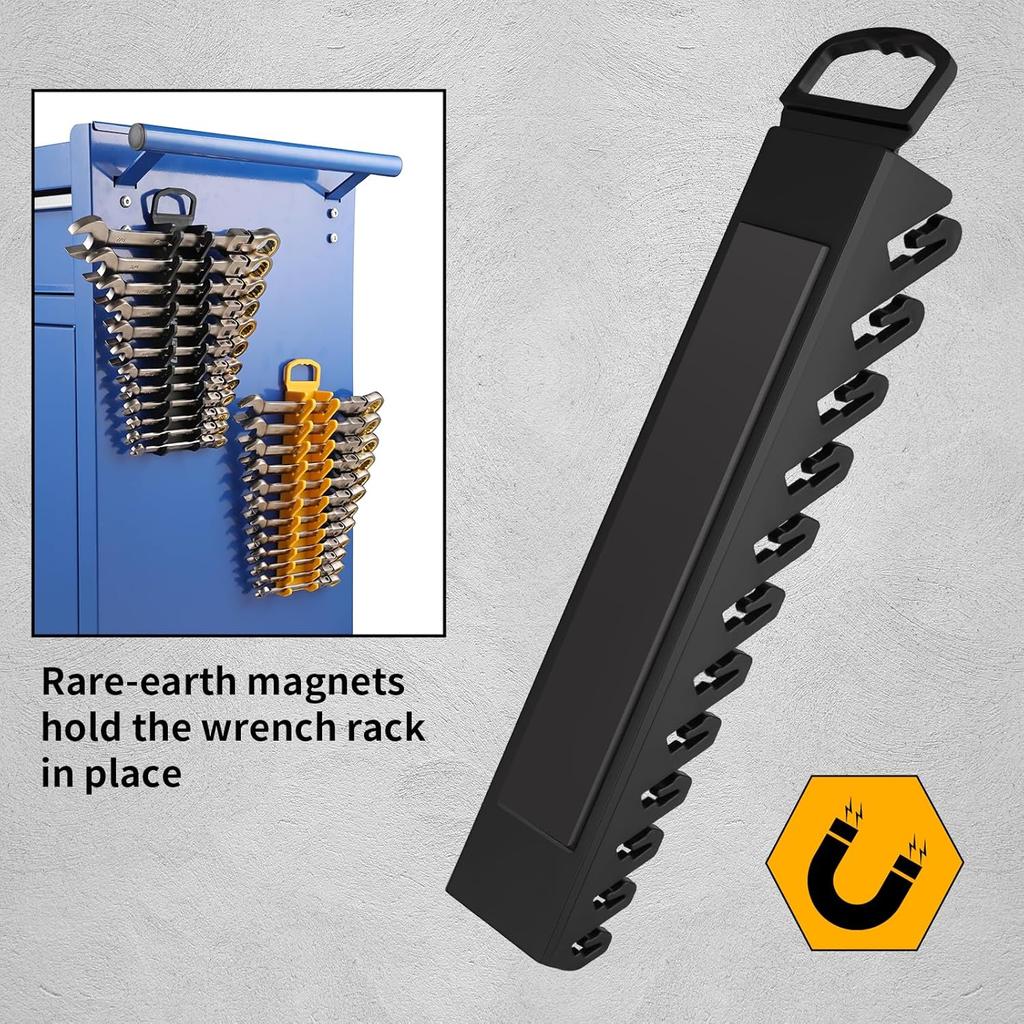Wrench Organizer For Tool Box, 2 Pack Magnetic Wrench Holders With Handle, Includes FREE 10Mm Double-Ended Wrench, Storage For Tool Box Drawer, SAE &