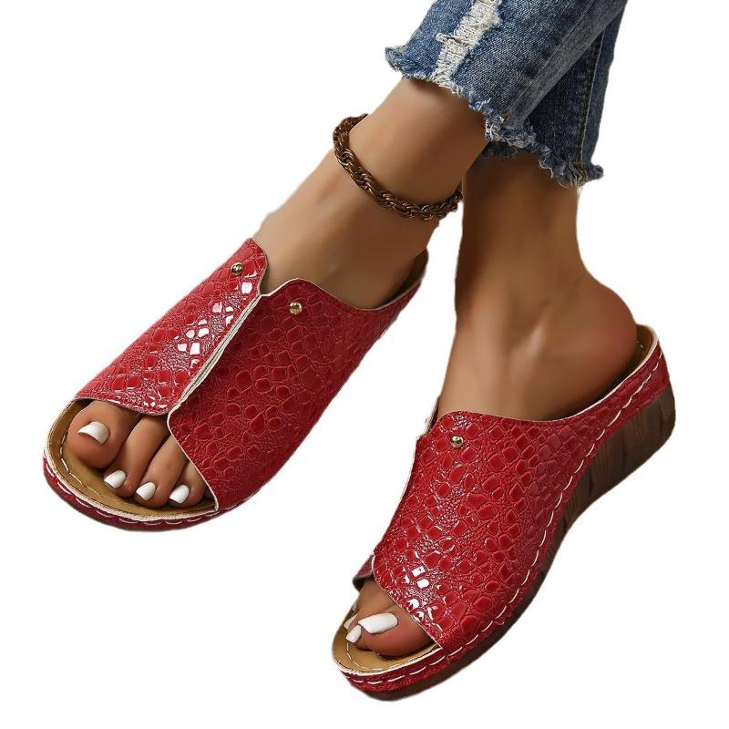 Cross-border New Large-size Slippers Thick-bottomed Fish Mouth Sewing Line  Trade Women's Slippers Crocodile Pattern PU Women's Slippers