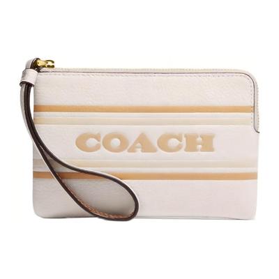 Corner Zip 16 Classic Presbyopia Zipper Closure Horizontal Stripes Leather Wrist Bag Clutch Small Women's White