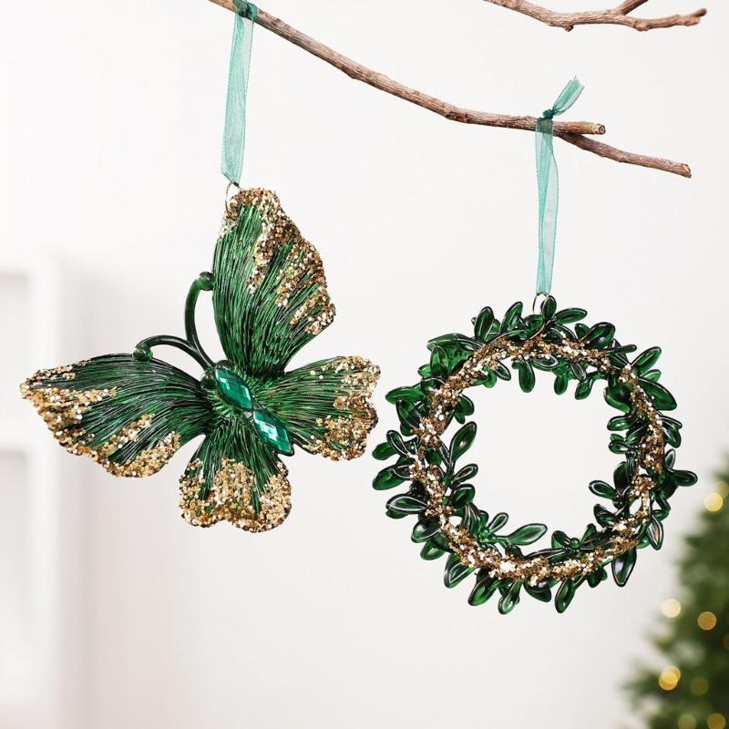 Green and Gold Hanging Christmas Decorations with Varied Holiday Motifs, Frosted Finish, and Integrated Ribbons for Seasonal Arrangements