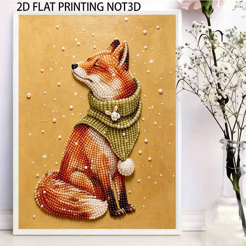 Easy DIY Framed Pearl Bead Painting Kit with Scarf Wearing Fox 3D Sparkling Canvas Art for Home Decoration Gift Idea for Winter Holiday Decor