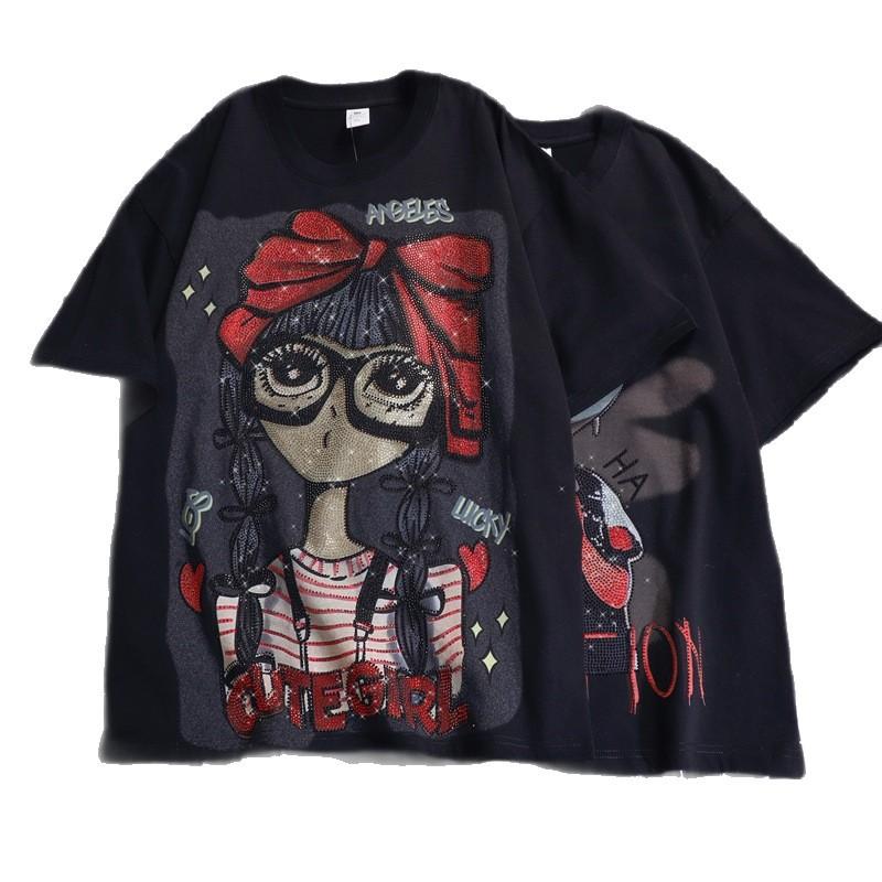 Large-sized Embossed Diamond Cartoon Short-sleeved T-shirt for Women, Loose Mid-length Top