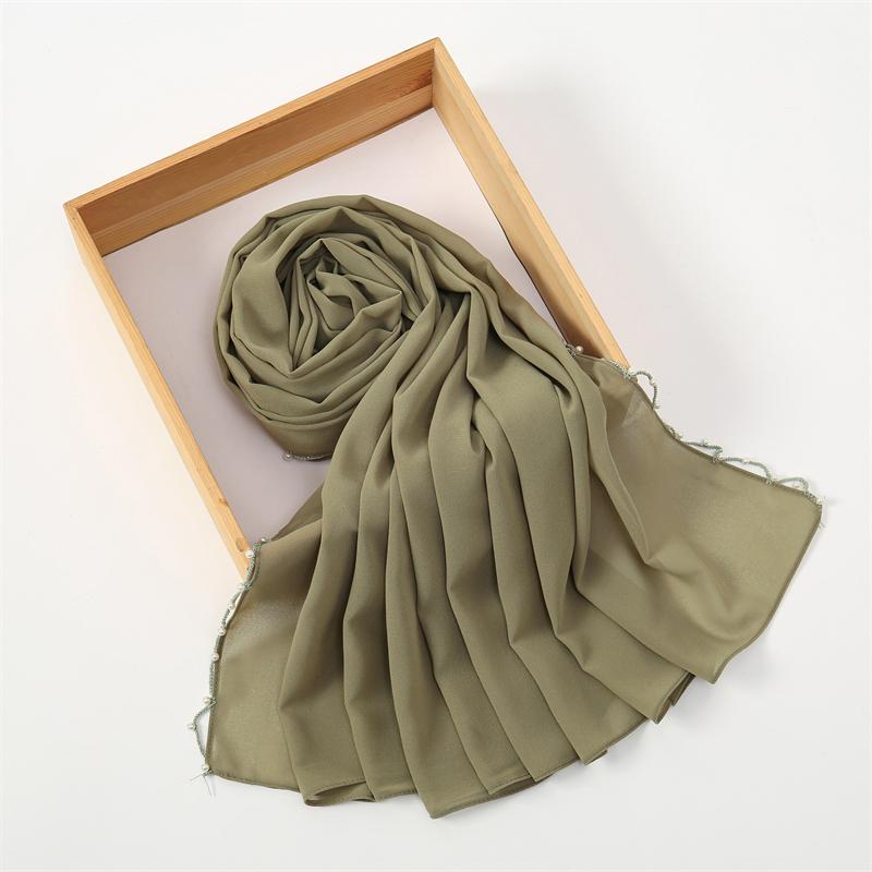 

Muslim Chiffon Hijab Scarf Pearl Edge Solid Color Squane Head Wrap For Women Hijabs Scarves Jersey Hijabs Islamic Turban Headban