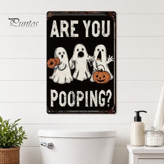 Distressed Metal Signage Retro Halloween Wall Sign, Pumpkin Ghost Bathroom American Style Decor Art Witch Cat Festival Sign for Bar Home Room