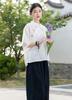 2025 Summer Women's Retro Cotton Linen Stand Collar Color Block Short Sleeve Top for Tea Ceremonies