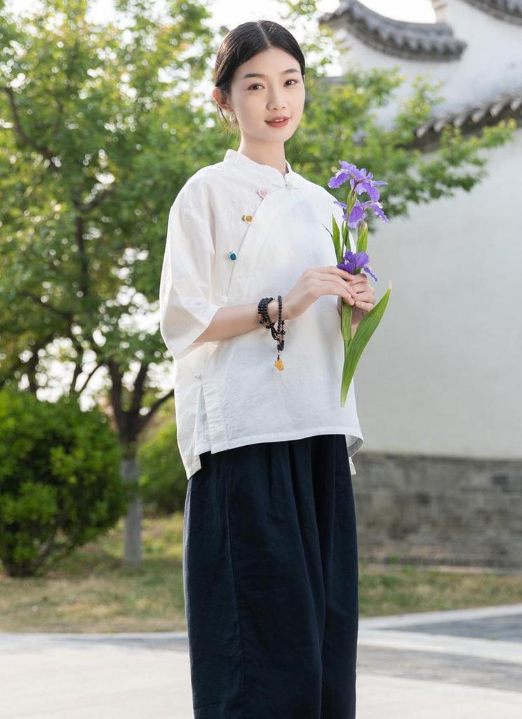 2025 Summer Women's Retro Cotton Linen Stand Collar Color Block Short Sleeve Top for Tea Ceremonies