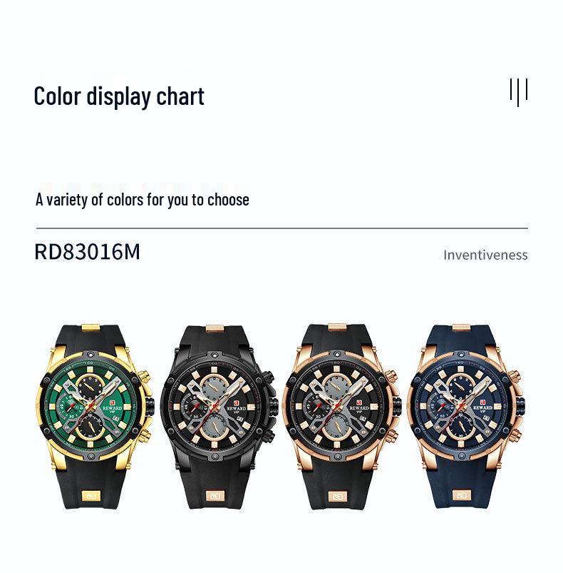 REWARD Men's Multifunction Chronograph Silicone Sports Watch - Luminous, Waterproof, Quartz Calendar (Model: RD83016M)