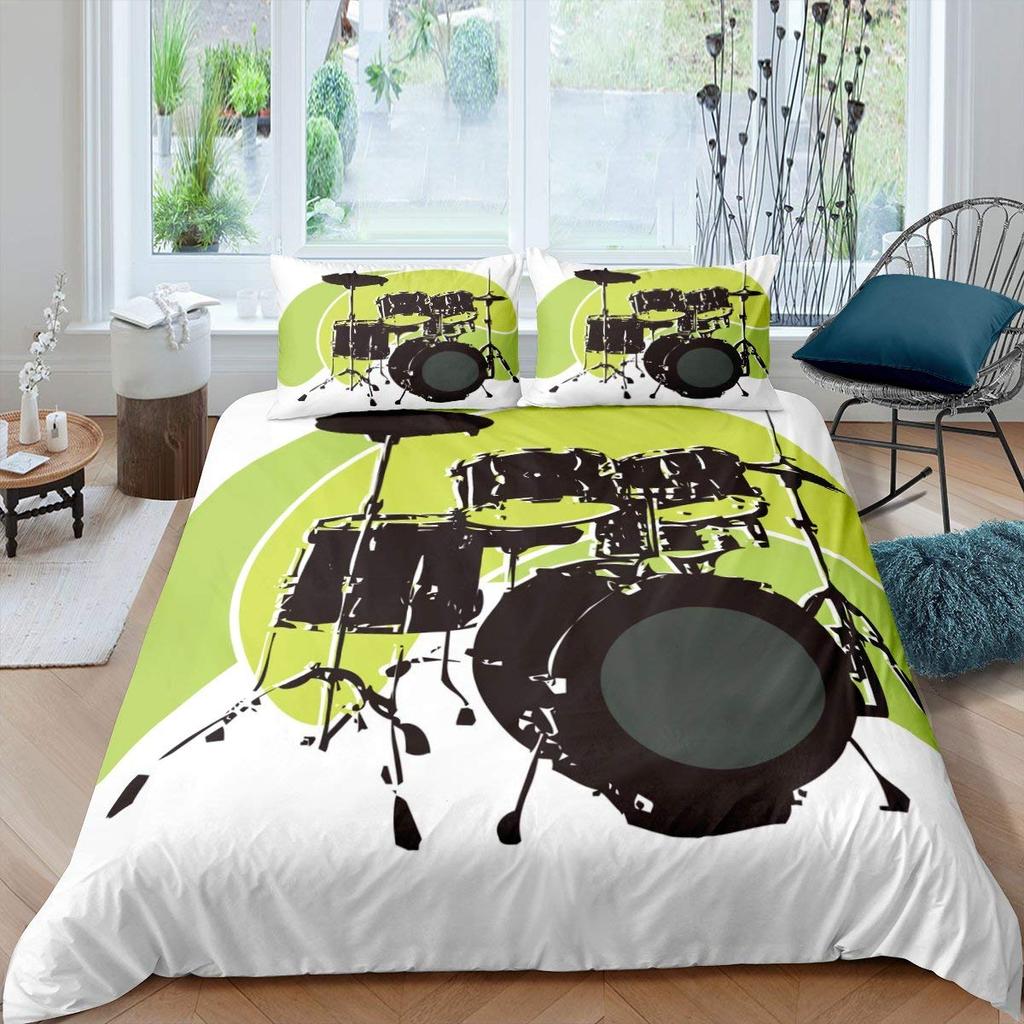 Rockmusik Weiß und Schwarz Bettbezug Doodle Zeichnung Skizze Schlagzeuger Musikalische Inspirationen Monochromes Arrangement Dekorativ Kinder