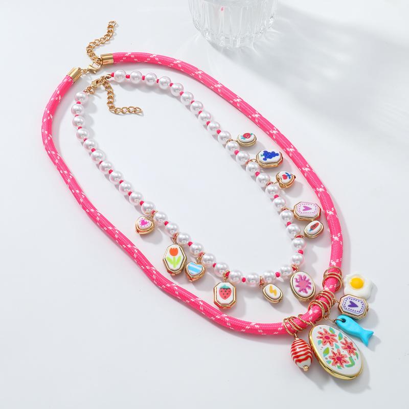 Imitation Pearl Bead Alloy Small Fish And Flower Geometric Pendant Double-Layer Necklace Set For Women Jewelry Gift