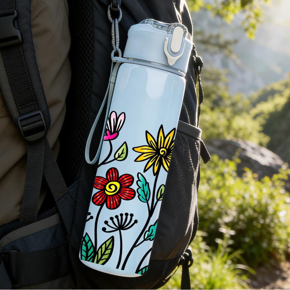 1PC Multi Wildflower Daisy Bouquet 750ml Color Plastic Sports Water Bottle Leakproof Flip Straw Lid Suitable for Sports Office Home Use