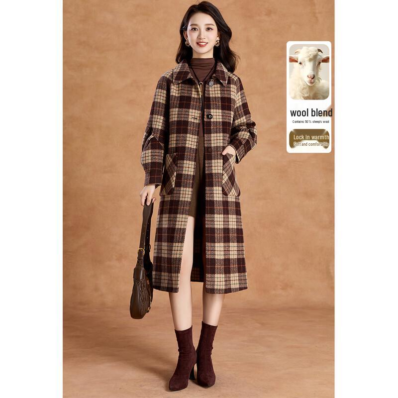 Women's Elegant Vintage Plaid Wool Blend Mid-Length Coat