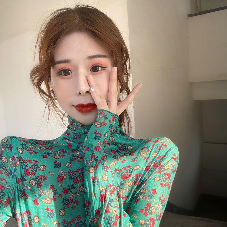Hong Kong Style Vintage Chic Slimming Floral Top Women's Sexy Mesh Base Layer High Neck Sun Protection Shirt