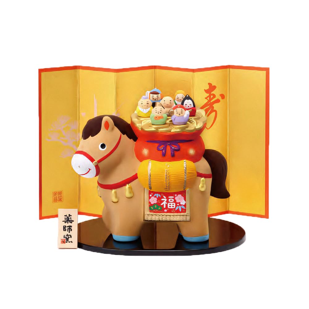 Yakushigama 2026 Zodiac Figurine: Horse (Year of the Horse) - Brocade Design, Lucky Charm Horse (Seven Lucky Gods) (Includes Lucky Charm Sticker)